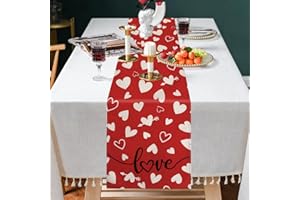 VSPEK Valentine's Day Table Runner, Linen Red Love Table Runner Seasonal Anniversary Table Runner Long Seasonal Holiday Kitchen Dining Table Decoration for Indoor Outdoor Home Party Valentine's Day Decor