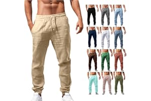QIUHHPUY Pantalones Hombre Verano Algodón Pantalones Largos Casual Transpirable Ropa, Pantalon Lino Corto de Suaves y Cómodos, Pantalones Transpirables de Verano de Color Sólido, para Playa/Hogar/Diario