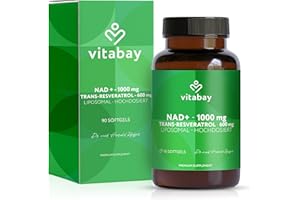 ‎VITABAY Vitabay Liposomales NAD+ 1000mg mit Trans-Resveratrol Hochdosiert - 90 Softgels Vegan & Laborgeprüft - NAD Supplement mit 600mg Trans-Resveratrol - Liposomale Kapseln mit erhöhter Bioverfügbarkeit