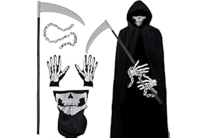 STFYUG Sensenmann Kostüm Herren, Grim Reaper Kostüm Erwachsene, Halloween Sensenmann Kostüm, Sense und Handschuhe Schädelmaske, Halloween Kostüm Unisex für Cosplay.