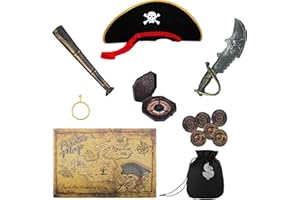YIMOJOY Juego de 8 accesorios para disfraces de pirata, incluye sombrero sable parche ocular pendiente dorado telescopio calavera bolsa - accesorios de pirata para niño disfraz de halloween carnaval