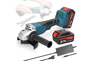 Weytoll Amoladora angular inalámbrica 125 mm, 21 V, motor sin escobillas, 2 baterías 1300 mAh, deflector grueso, mango auxiliar, velocidad regulable, bloqueo husillo