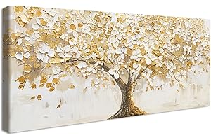 HALFLEMART Marco de Madera Grandes Cuadros Decoracion Salon Modernos Lienzo Decorativo Abstracto Floración Árbol de la Vida Pintura Flores Blancas Hojas Doradas Árbol Cuadros Decorativo Salon Dormitorio 50x120cm