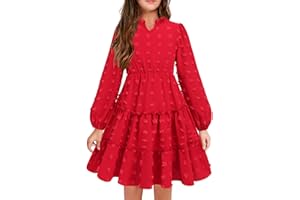 Arshiner Kleid Mädchen Festlich Volant V-Kragen Langarmkleid Swiss Dot Chiffonkleid Kinder Stufenkleid A-Linie Partykleid Hochzeit Prinzessinkleid Swing Skaterkleid 5-12 Jahre