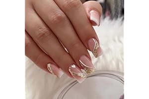 RYMAUP® - 24 uñas postizas para aplicar a presión, medianas, cuadradas, decoradas con brillo dorado y diseño, con adhesivo, degradado, color rosa, cobertura total