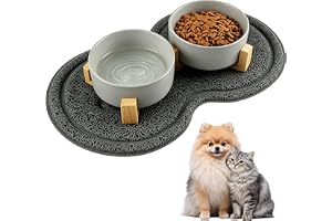 TOATELU Dubbel matningsskål, 400 ml keramisk hundskål med bambustativ och halkfri matta, dubbel matningsskål för katter och s