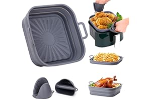‎OWELTH Owelth 20cm Silikonform für Heißluftfritteuse, Faltbare Airfryer Silikonform Eckig mit 2 Handschuhen, Wiederverwendbar Luftfritteuse Silikoneinsatz, Silikon Backform Zubehör für Ofen Mikrowelle