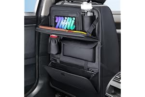 Coverado Autositz Organizer, Nappa Leder Rückenlehnenschutz Kinder wasserdicht Rücksitz Organizer mit Tablet Halter/Faltbares Food Tablett/Trittmattenschutz/Mehrfach Taschen/Müllsackhalter