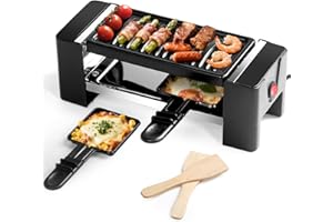 ‎HENGBO Raclette 2 Personen Mini Raclette Grill Antihaft Beschichtung Grillpfanne mit Pfännchen und Holzspatel ideal für Grillen & Überbacken | Mini Raclette 350W