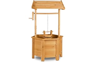 Relaxdays Puit de décoration jardin en bois avec seau et manivelle HxlxP: 82 x 47 x 41 cm, nature