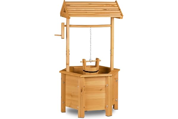 Relaxdays Puit de décoration jardin en bois avec seau et manivelle HxlxP: 82 x 47 x 41 cm, nature