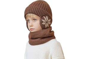 YAMEE Bonnet Chaud écharpe Ensemble pour Enfants avec Doublure Peluche Doux Cache-oreilles Chaud,2 Pièces Tricoté Beanie Cache-Cou Enfants Hiver Coupe-Vent,Chapeau pour Fille Garçon 4-10 Ans