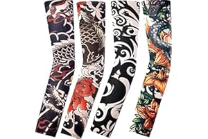 Yeesabella 4 PCS Arm Fake Tattoos Sleeves Cover For Men Women, Unisex Party Tribal Totem Tattoos Sleeves for Outdoor Cycling Basketball Sunscreen Nylon Stretch Colorful