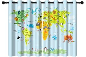 YONGFOTO 140x229cm Dibujos Animados Mapa Cortinas Opacas Global Ocean Cute Animal World Monumentos Baby Blue Maps por Sala Dormitorio Infantil Cortinas de Ventana, 2 Paneles con Ojal