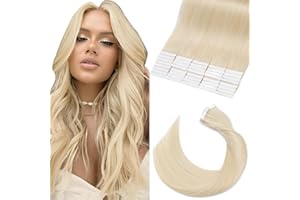 Elailite Tape in Hair Extensions Human Hair 40 pcs 100g Full Head - Seamless Invisible Skin Weft Real Remy Hair Straight (#60 Platinum Blonde, 16 Inch)