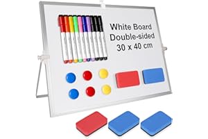 CORPOWER Pizarra Blanca Magnética, 30 x 40 cm Pizarra Rotulador Borrable con Soporte, con 10 Whiteboard Bolígrafo + 6 Imanes + 5 Borrador de Pizarra Blanca, para Escuelas, Familias, Oficinas