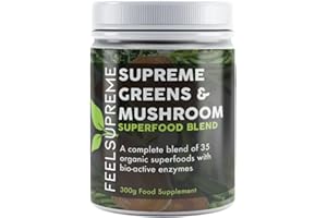 Feel Supreme - Super Greens Powder with Mushroom - 35 Nutrient Dense Superfoods, Natural, no Added Sugar - High in Fibre, Protein, Vitamin C, Spirulina - Greens Supplement, Mushroom Powder - 300g