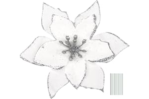 Yueshop 10pcs Christmas Glitter Poinsettia Flowers Ornament Christmas Tree Wreath Decoration Artificial Wreath Flowers for Xmas Tree Ornaments Decor (White)