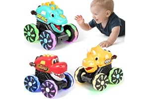 MOONTOY 3 Piezas Dinosaurios Juguetes, Press and Go Coches Monster Truck con Luces, Juguetes Niños 2 Años, Cumpleaños para Niños y Niñas de 1, 2, 3, 4 Años
