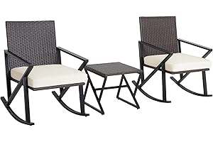 RELAX4LIFE 3PCS Rocking Bistro Set, Rattan Garden Furniture Set with Side Table & Padded Cushions, Outdoor Wicker Rocker Conversation Set for Balcony Patio Backyard Poolside