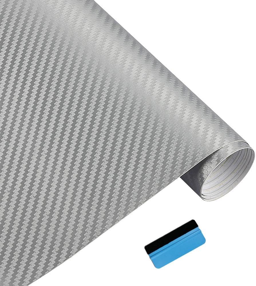 NewL 3D Carbon Fiber Vinyl Wrap Roll with Air Release Bubble Free Adhesive Film Contain Installation Tools (Silver, 30cm x 150cm)