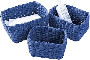 LOINFE Aufbewahrungskorb, 3er Set aus Korb Geflochten Aufbewahrungskörbe, Aufbewahrungsboxen für Accessoires Schminke, Badezimmer Organizer, Wickeltisch Organizer, Kleiner Korb bathroom storage（Blau）