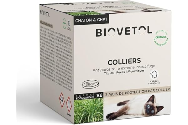 Biovetol - Collier Anti puces pour Chat Naturels (x6) d'origine Végétale- Protection 3 Mois- Réglables Anti étranglement et Imperméables pour Chats - 35cm