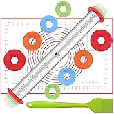 DSL Rolling Pin with Thickness Rings, Rolling Pin for Baking with Rolling Mat & Cleaning Brush Baking Accessories - 17 inch L