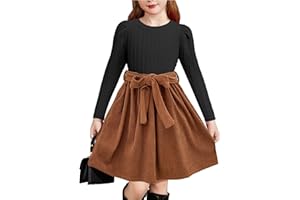 Arshiner Vestidos de Manga Larga abullonados para niña, Punto Acanalado, Patchwork de Cuadros, Princesa Informal, Vestido Formal, Vestidos de otoño Invierno con Bolsillos para niña, 4-14 años