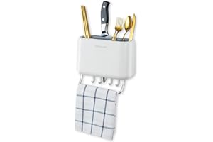 Hanobe Portautensili a parete Da Cucina Organizzatori Da Parete Contenitore Bianco Per Utensili Con Portacoltelli Per Riporre A Parete Portaposate Senza Chiodi Con Barra Appendiabiti E 4 Ganci