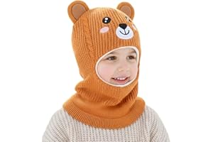 AYPOW Bonnet Cagoule Enfant Fille Garçon 4-8 Ans, Tricot Bébé Bonnet Cache-Cou Ensemble Hiver Chapeaux Écharpe Capuche Thermique Doux Doublé en Polaire Cache Oreilles pour Tout-Petit Plein Air