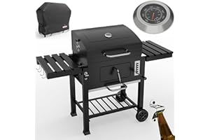 ONBEST Holzkohlegrill mit Grillrost aus Gusseisen – PLUS Abdeckung - XXL BBQ Grill mit Deckel – mobiler Grillwagen mit klappbaren Ablagen – Grillrostverstellung –Thermometer – Flaschenöffner