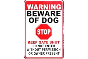 PLIMBIN Beware of the Dog Sign, 7.9'' x 11.8'' Warning Tin Signs, Keep Gate Shut Do Not Enter Signs, Rust Weatherproof Dog Safety Sign for Indoor or Outdoor Gate Fence Door (Red)