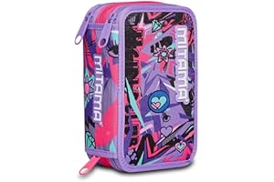 MITAMA Astuccio Scuola 3 Scomparti - TRIPLO GIRLS CLUB, Viola - Contenuto 47 pz - Completo di Matite, Pennarelli etc - Portapenne Scuola Elementare Bambini - Impermeabile