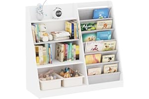 HIRONPAL Kids Bookshelf and Toy Storage, Children Bookcase 4 Tier 6 Sling Book Shelf, Toddler Book Display and Toy Organizer Cabinet for Playroom,Kids room,Toddler Room,Nursery,Classroom (White+Large Size)