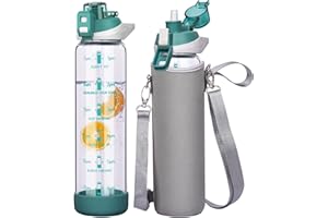 Seekua sportowa butelka na napoje, 1 l, ze słomką i znacznikami czasu, szczelna, bez BPA, motywacyjna, z pokrowcem ochronnym, do smoothie, do napojów gazowanych