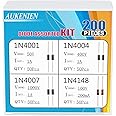 AUKENIEN 4 Value 200 Pieces Diodes Assortment Kit Switch Diodes 1N4148 IN4148 Rectifier Diodes 1N4001 IN4001 1N4004 IN4004 1N