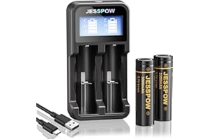 JESSPOW Wiederaufladbarer 3,7V Akku mit Ladegerät, Flat Top 3300mAh 3,7 Volt Batterie für Taschenlampe, Stirnlampen, Ferngesteuerte Autos [2 Stück Akku, Nicht AA]