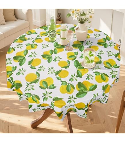 Zitronen-Tischdecke Rund 178 Cm – Waschbar, Knitterfrei Für Drinnen & Draußen (Party, Picknick, Küche)