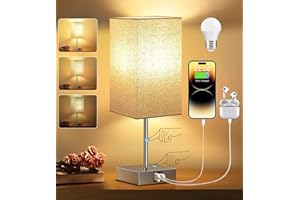 STANBOW Bedside Lamp for Bedroom, Touch Table Lamp with USB A+C Charging Ports, 3-Way Dimmable Table Night Lamps for Living Room Decor with Grey Fabric Shade (LED Bulb Included)