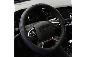 Valleycomfy Pokrowiec na kierownicę samochodową, z mikrofibry, skórzany, uniwersalny rozmiar 37-39 cm, antypoślizgowy, czarny z niebieską linią