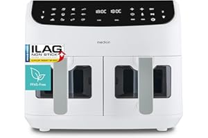 ‎MEDION MEDION P20 XXL Heißluftfritteuse mit 2 Kammern (8,7 Liter, Airfryer, 2.600 Watt, Doppelkammer, 10 Automatikprogramme, 2 Schubladen, Sichtfenster, Dualer Airfryer, ILAG PFAS-frei, MD11760) matt weiß