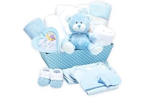 Baby Box Shop 14 Baby Gifts for Birth Boy, Ideal for Baby Showers, Baby Shower Gifts, with New Baby Essentials for Newborn Boys and a Blue Plush Teddy Bear