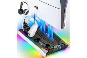 TOKLUCK PS5/ PS5 Slim Stand for Disc & Digital Console, PS5 Cooling & Charging Station with 3-Level Fan, PS5 Controller Charger for PS5 & Edge Controller, PS5/Slim Accessories with 3 Charging Ports