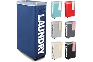 IHOMAGIC 62L Cesto Ropa Sucia Estrecho con Ruedas - Cesto de Ropa Sucia Alta con Bolsas Extraíbles de Lavandería, Cesto de Almacenamiento de Ropa Delgada, Plegable Bolsa de Lavandería (Azul Marino)