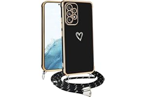 MEETER Funda Cuerda para Samsung Galaxy A52 4G / 5G / A52S 5G, Carcasa con Correa Collar Silicona TPU Ultra Fina Flexible Case Anti-Choques y Anti- Arañazos, Cámara Protección Love-Heart Cordón Cover,Negro