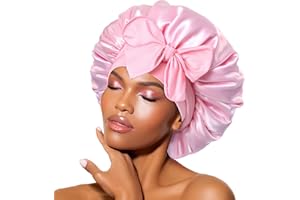 BONNET QUEEN Gorros de Satén de Dormir para Señora de Cabello Rizado Largos Naturales, Gorros de Seda con Banda Ancha para Atar para Ella, Rosa