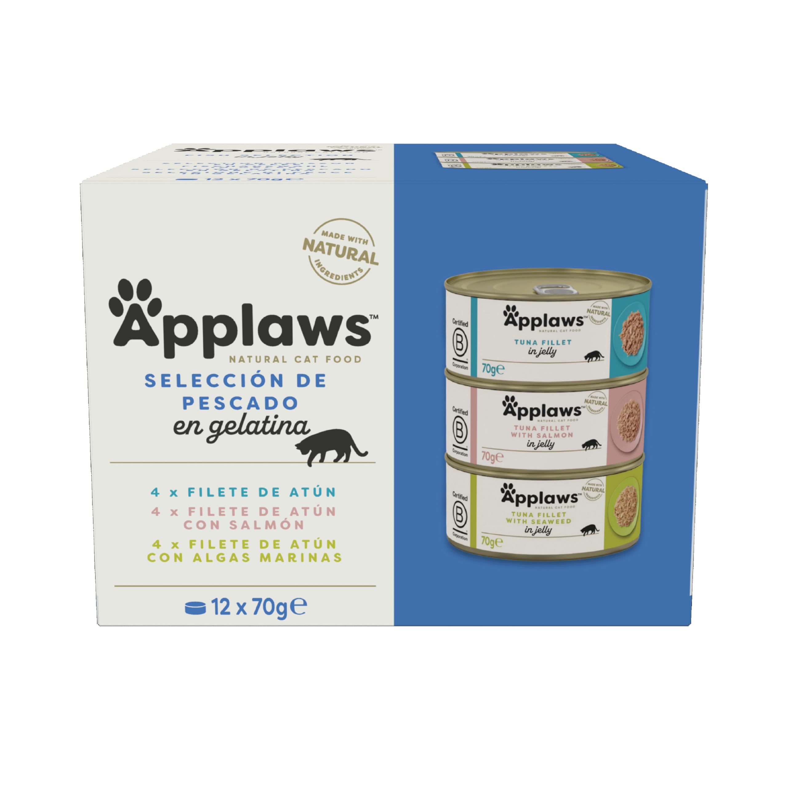 Applaws Multipack de Aluminio de 1020 ml: selección deража pensaites filete con atún, salmón y algas marines de platas de 70 g (paquete de 12)