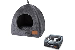 GIMOCOOL Niche pour Chat Intérieur avec Dôme et Coussin Amovible - Lit Doux et Auto-Chauffant pour Chat ou Petit Chien - Confortable