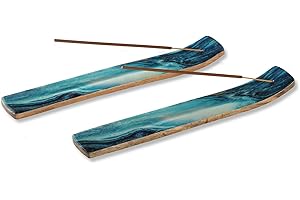 FOLKULTURE Set of 2 Incense Stick Holder or Incense Burner Holder, Wooden Incense Holder for Incence Sticks or Ash Catcher for Insense Sticks and Joss Sticks, Mango Wood, 25 cms long, Blue